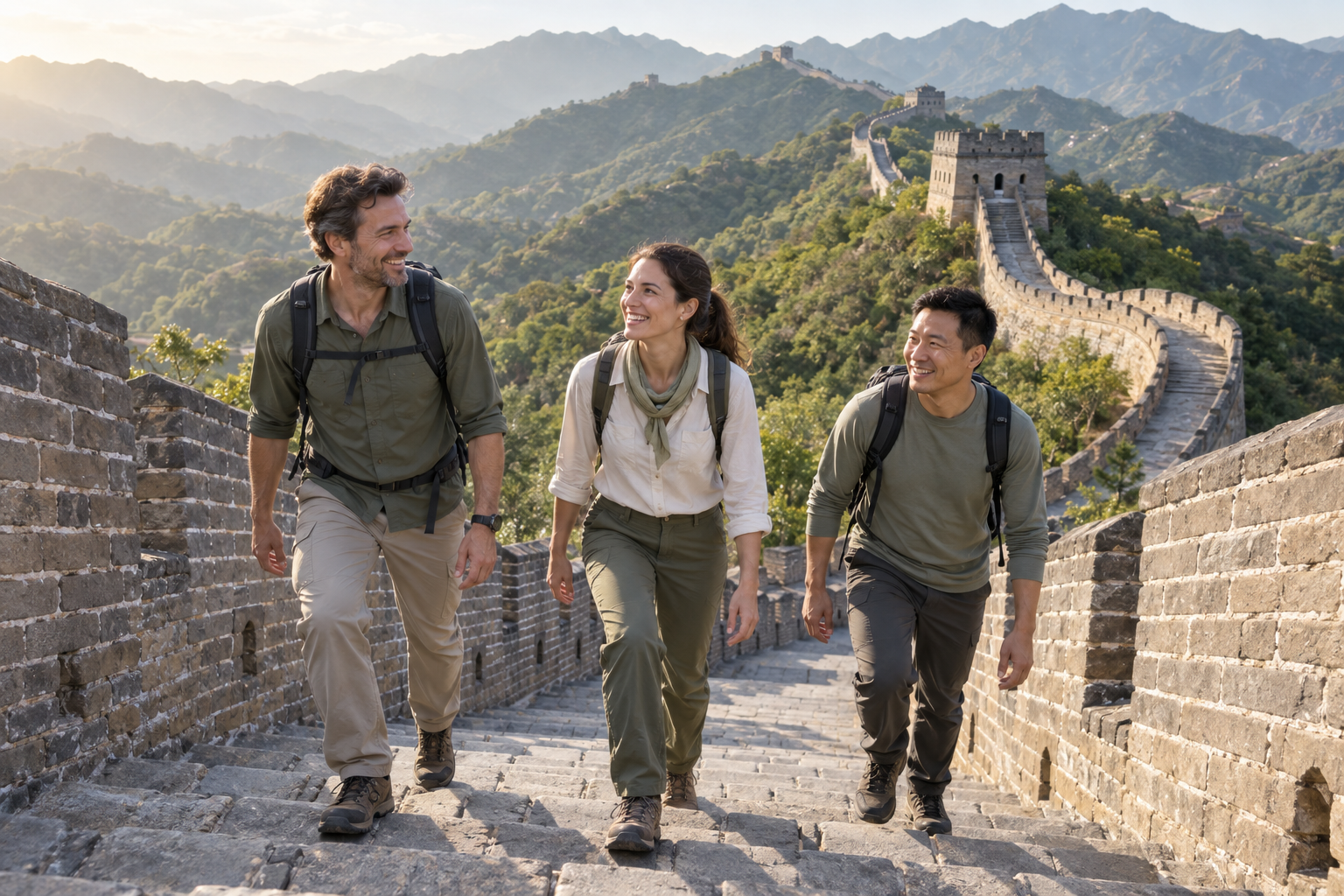 Travelers climbing the Great Wall near Beijing